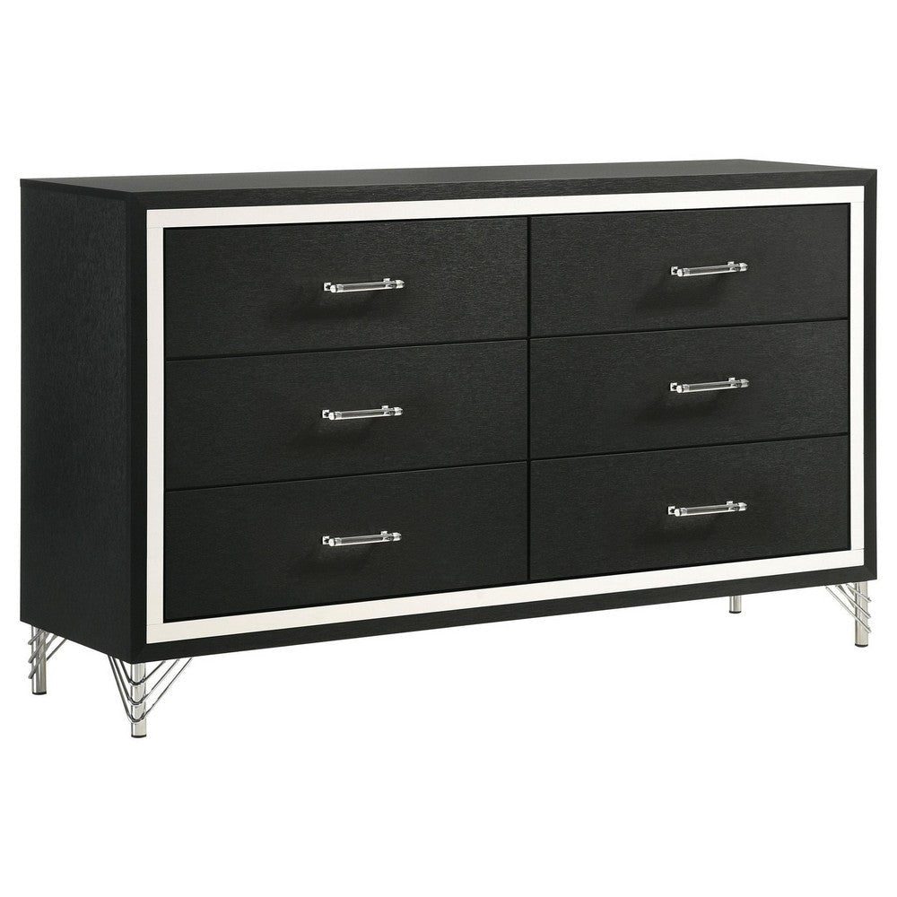 Jenny Wide Dresser, 6 Drawers and Chrome Accents, Modern Black Tone
