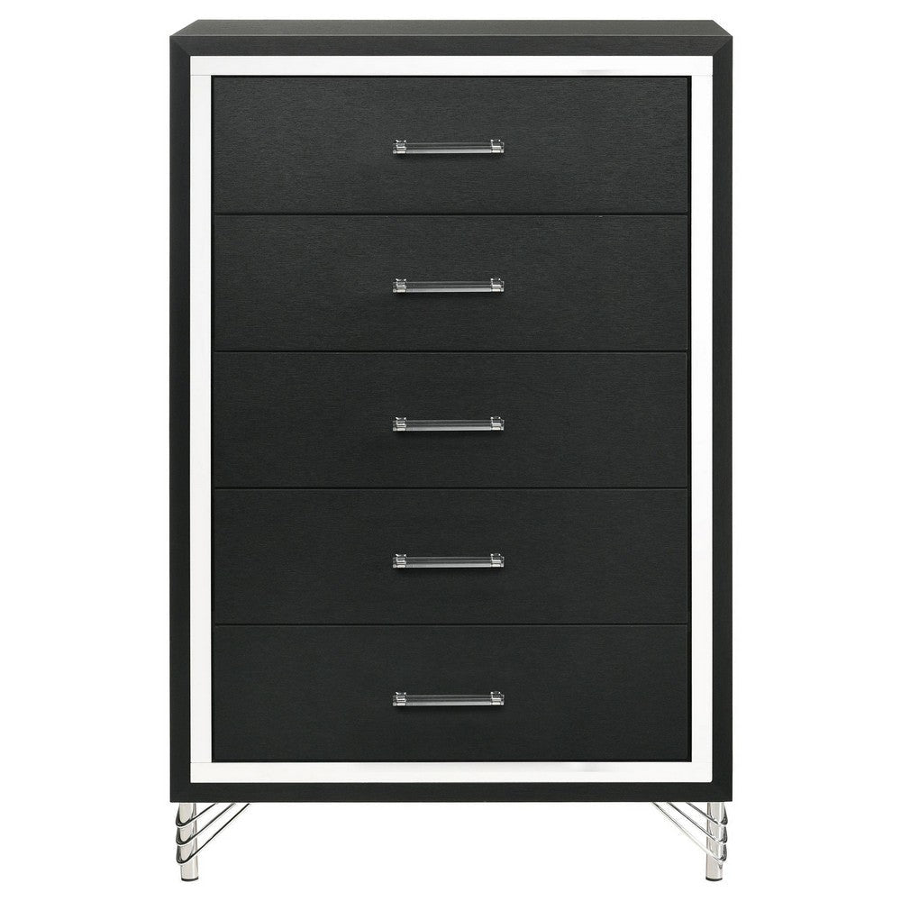 Jenny Tall Dresser Chest 5 Drawers and Chrome Accents Modern Black BM329245