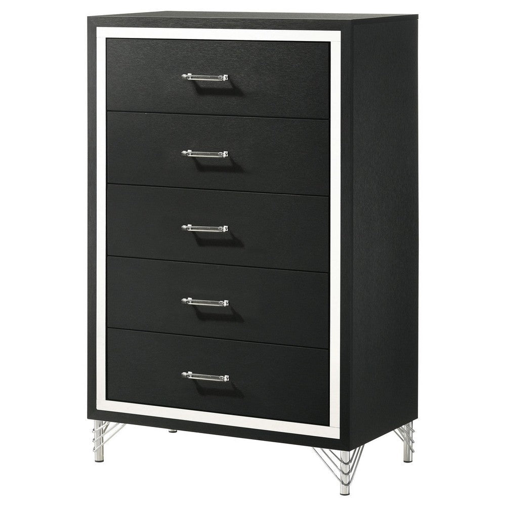Jenny Tall Dresser Chest 5 Drawers and Chrome Accents Modern Black BM329245