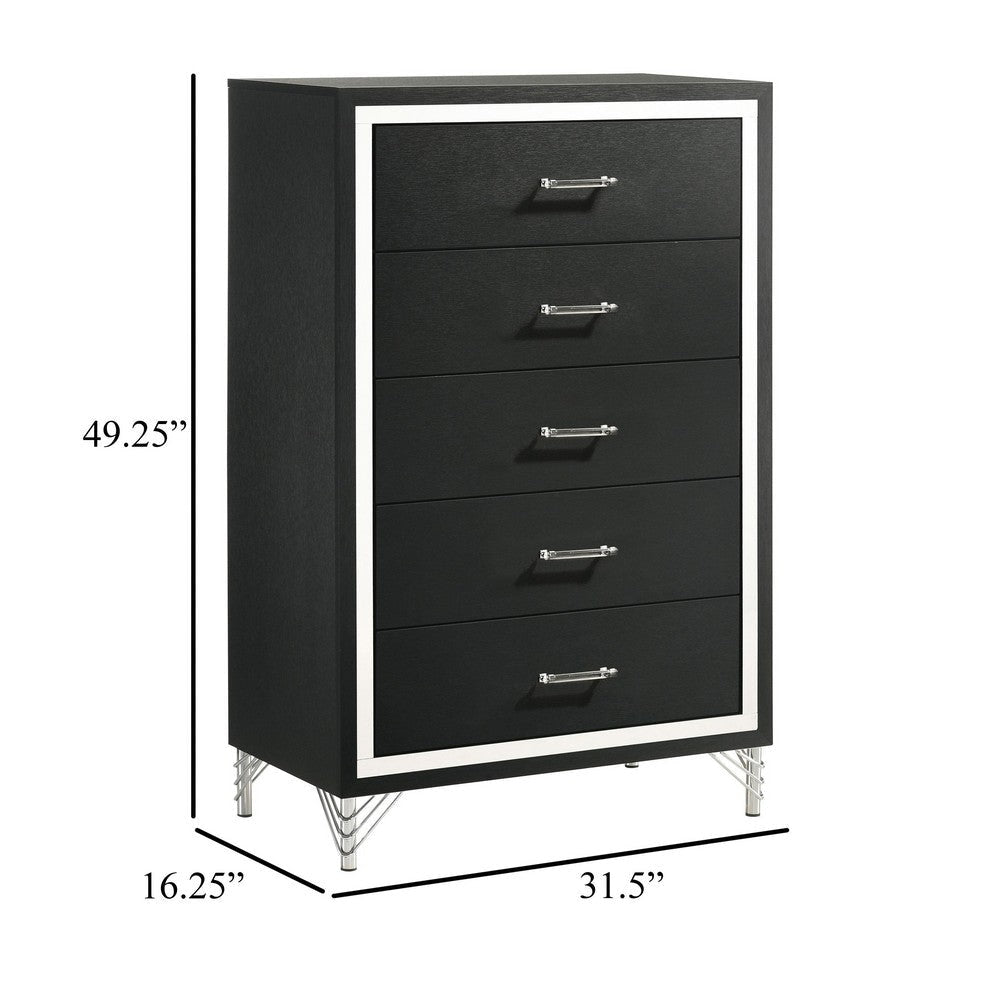 Jenny Tall Dresser Chest 5 Drawers and Chrome Accents Modern Black BM329245