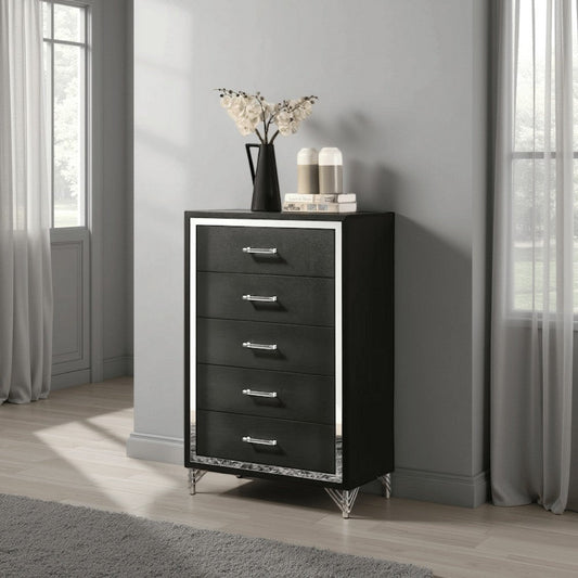 Jenny Tall Dresser Chest, 5 Drawers and Chrome Accents, Modern Black