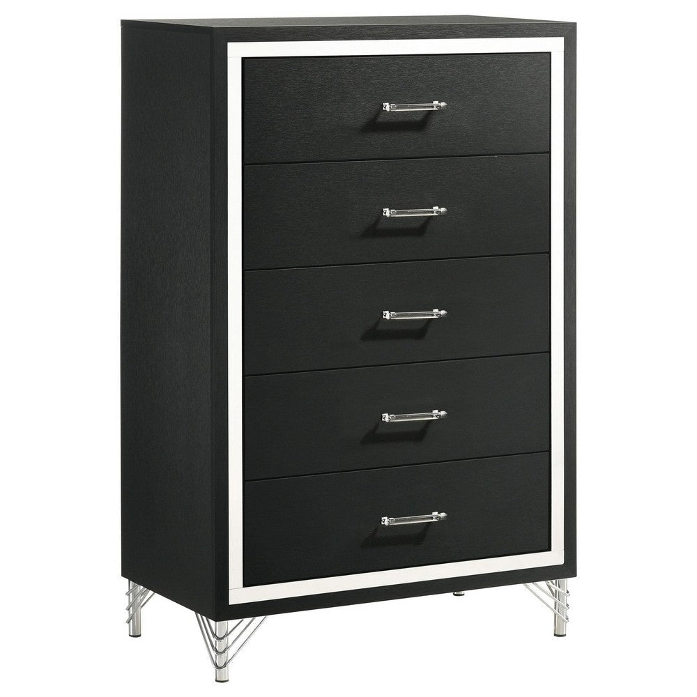 Jenny Tall Dresser Chest, 5 Drawers and Chrome Accents, Modern Black