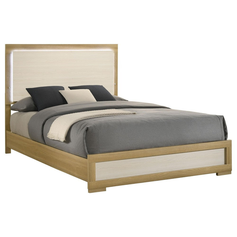 Hyle Queen Size Bed Natural Brown Hardwood LED Backlit Headboard