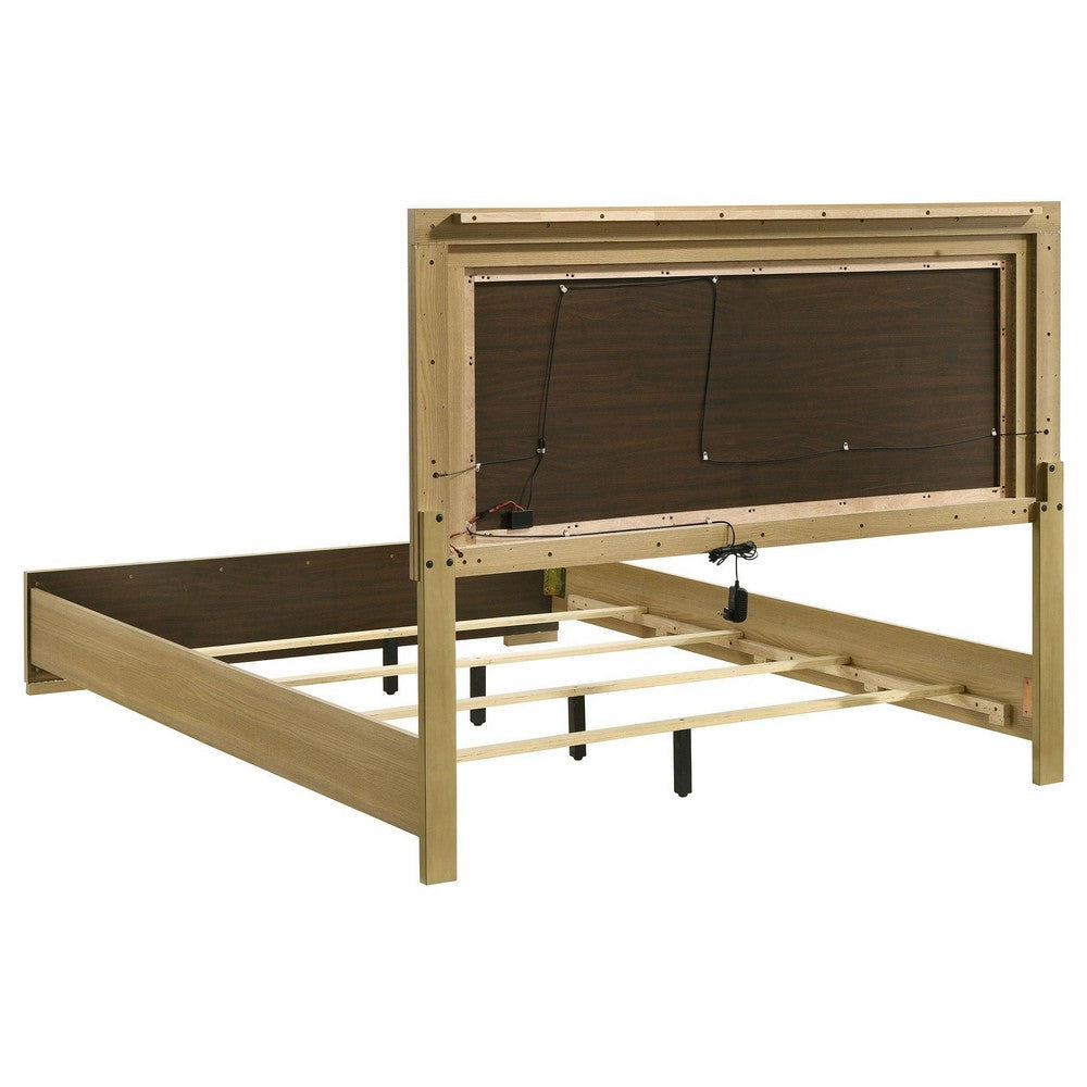 Hyle Queen Size Bed Natural Brown Hardwood LED Backlit Headboard