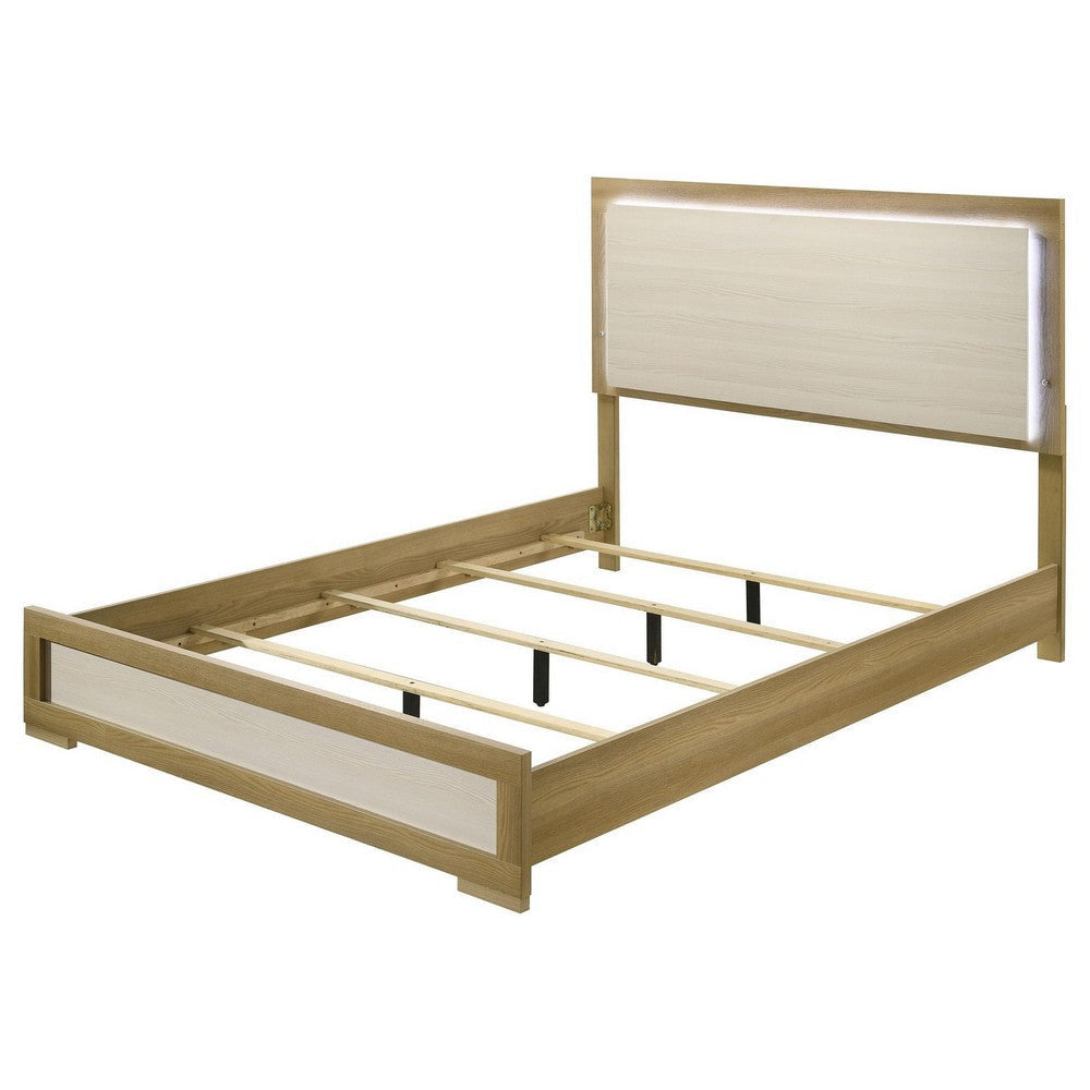 Hyle Queen Size Bed Natural Brown Hardwood LED Backlit Headboard