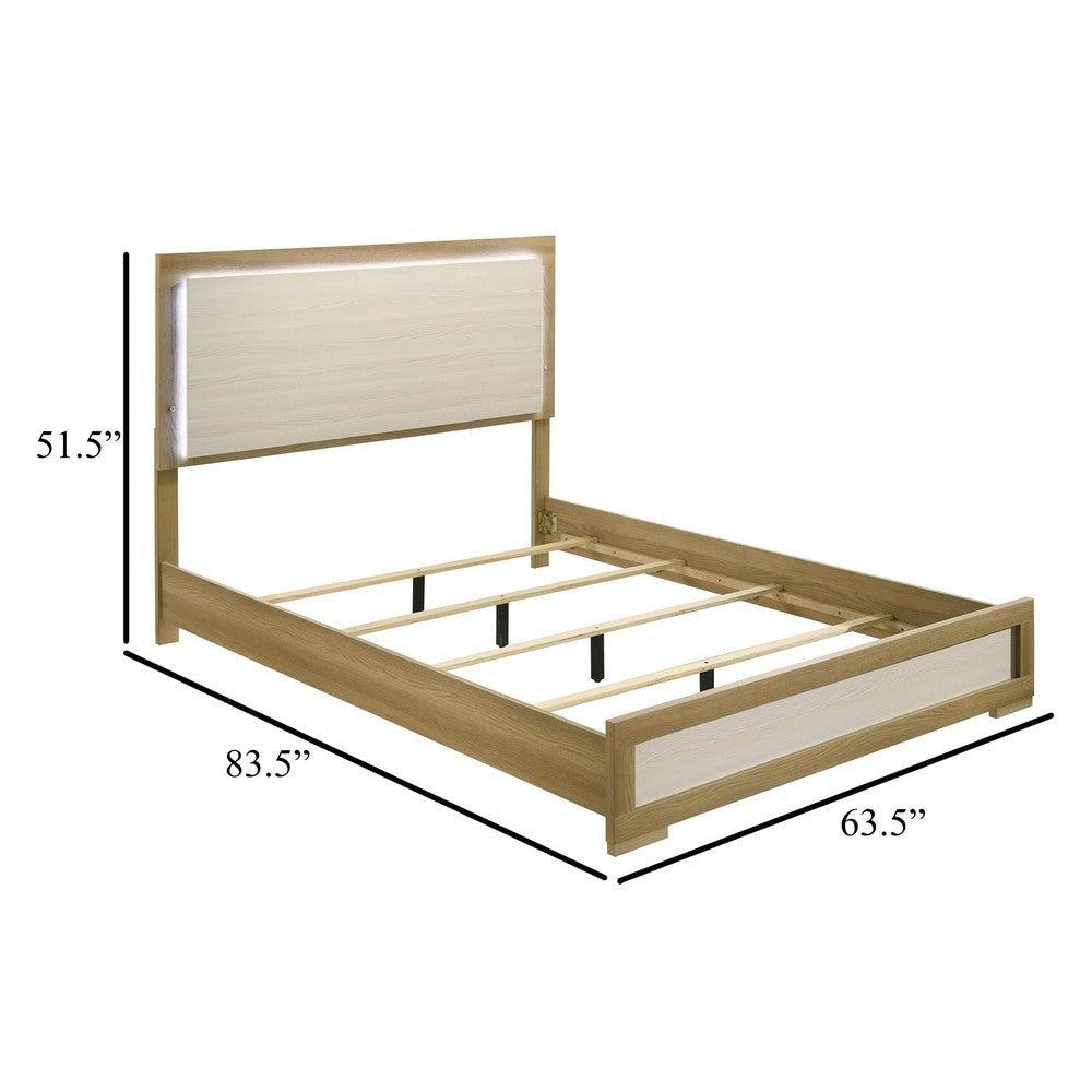 Hyle Queen Size Bed Natural Brown Hardwood LED Backlit Headboard