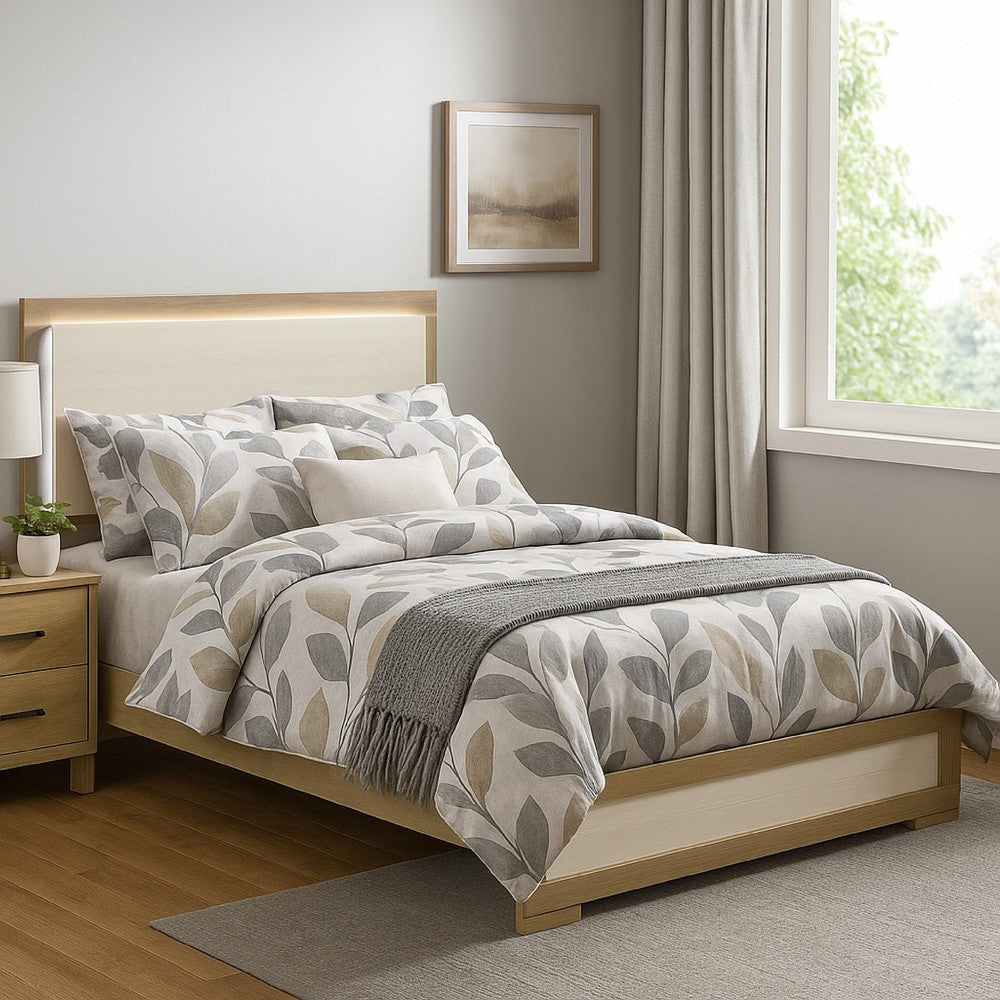 Hyle Queen Size Bed, Natural Brown Hardwood, LED Backlit Headboard