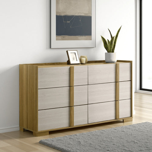 Hyle Wide Dresser, 6 Drawers, Modern Natural Brown and White Finish