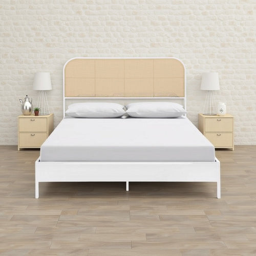 Ammy Queen Bed, Radio Weave Headboard, Brown Faux Rattan, White Metal
