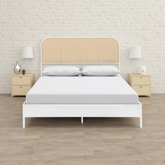 Ammy Queen Bed, Radio Weave Headboard, Brown Faux Rattan, White Metal