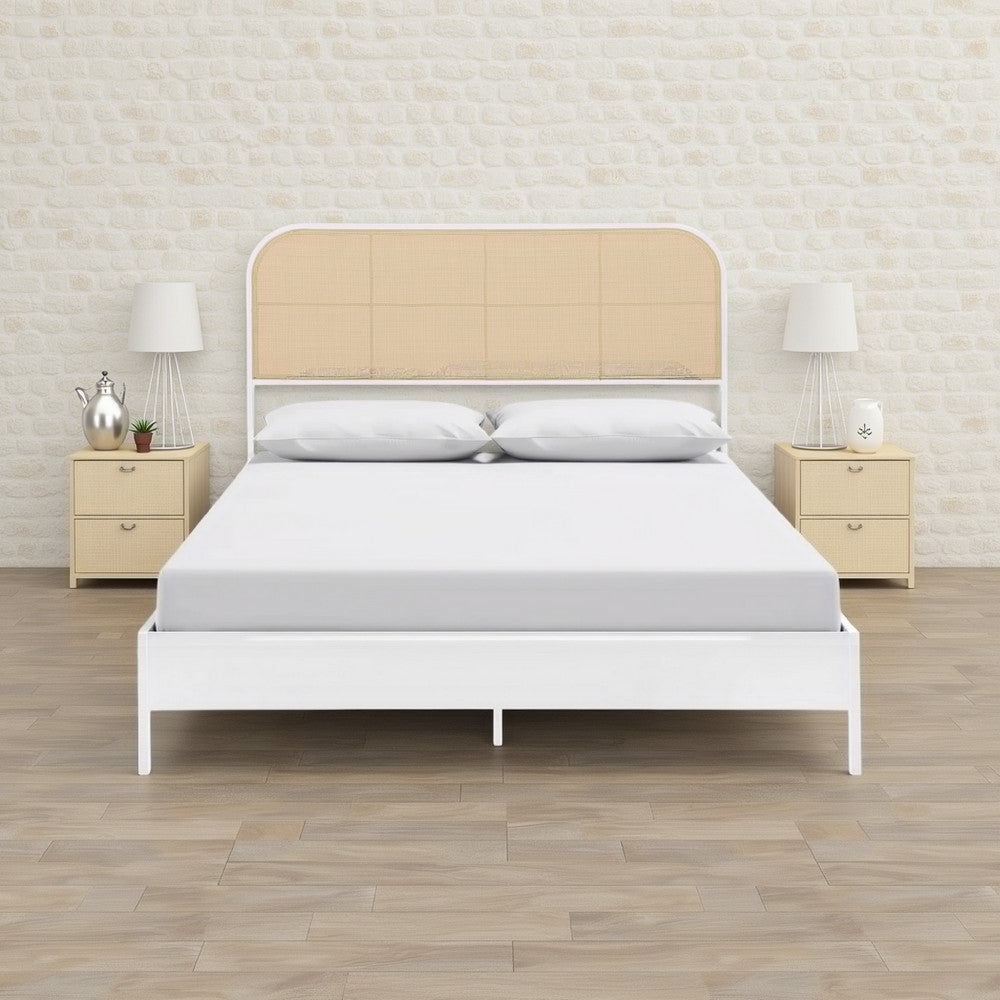 Ammy Queen Bed, Radio Weave Headboard, Brown Faux Rattan, White Metal