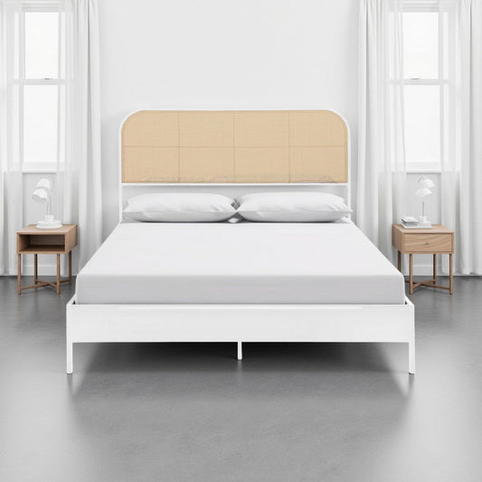 Ammy King Bed Radio Weave Headboard Brown Faux Rattan White Metal