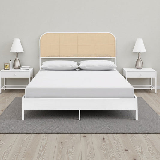Ammy Full Bed, Radio Weave Headboard, Brown Faux Rattan, White Metal