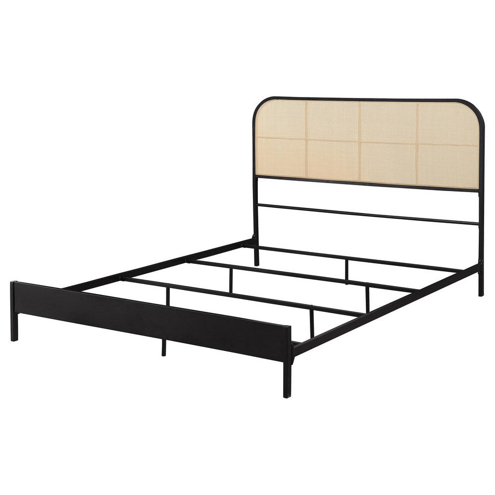 Ammy Queen Bed Radio Weave Headboard Brown Faux Rattan Black Metal