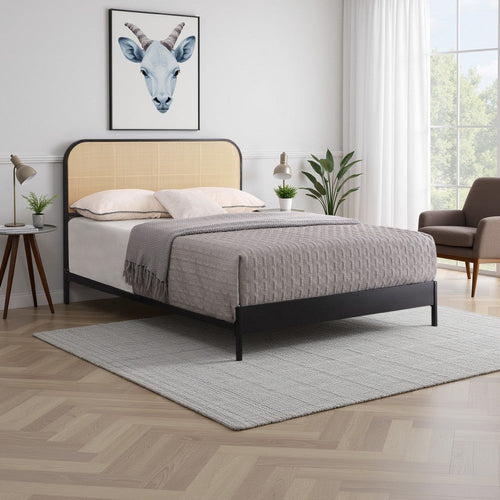 Ammy Queen Bed, Radio Weave Headboard, Brown Faux Rattan, Black Metal