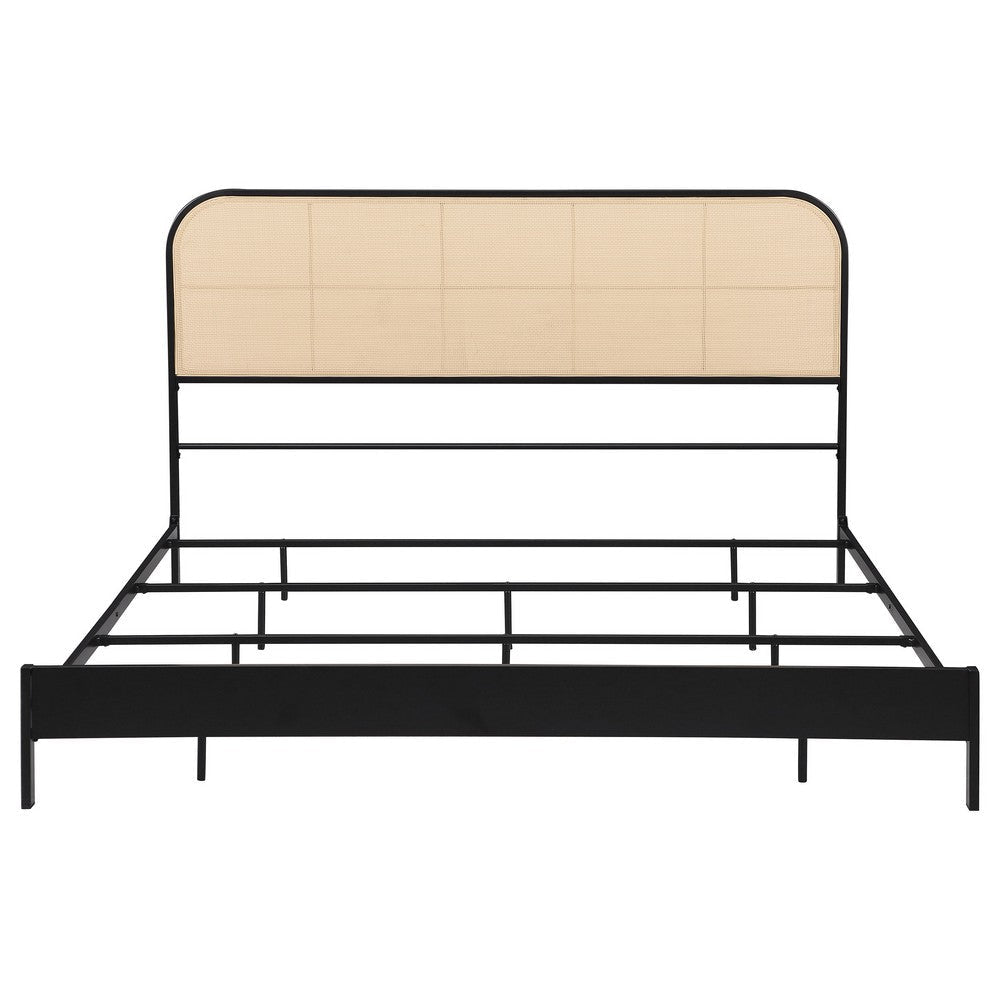Ammy King Bed Radio Weave Headboard Brown Faux Rattan Black Metal