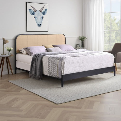 Ammy King Bed, Radio Weave Headboard, Brown Faux Rattan, Black Metal