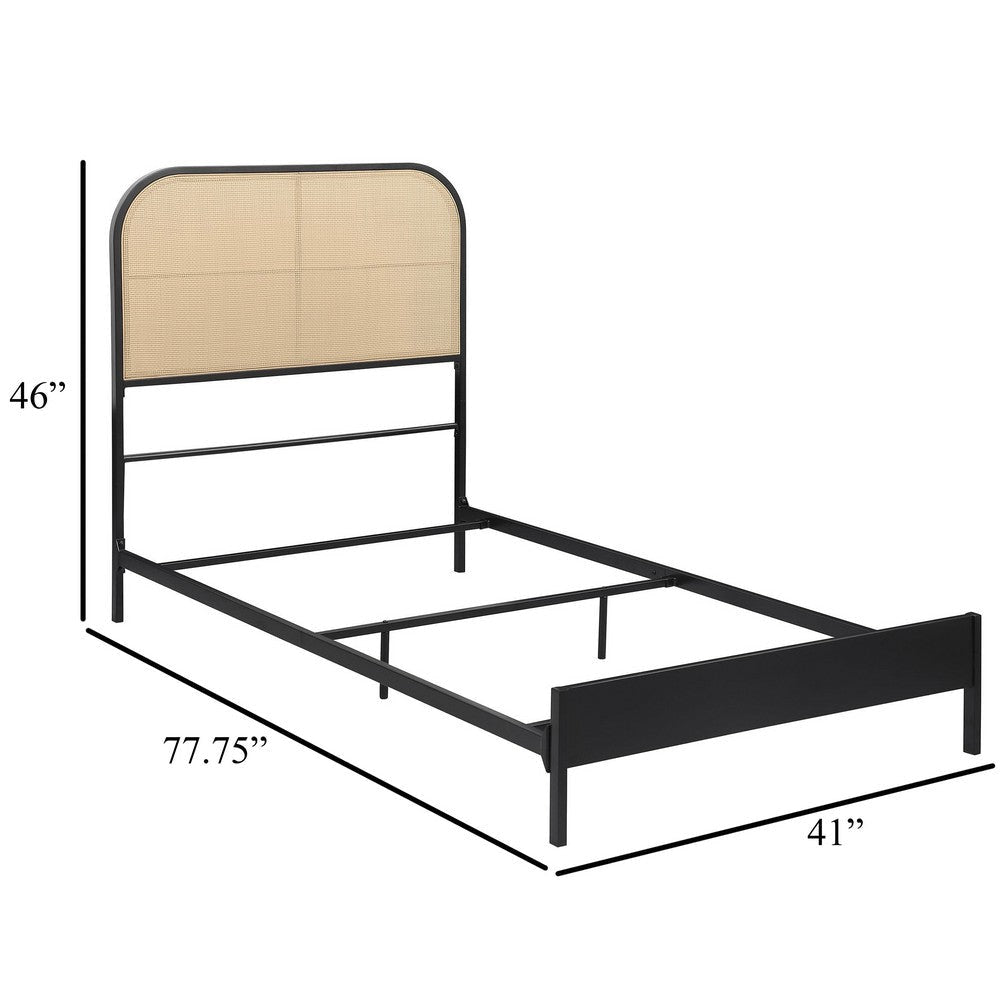 Ammy Twin Bed Radio Weave Headboard Brown Faux Rattan Black Metal