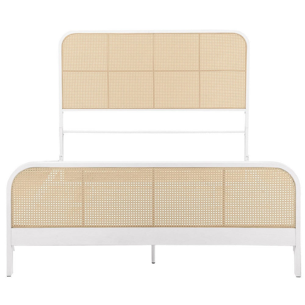 Lanie Queen Bed with Brown Open Cane Webbing Faux Rattan White Metal