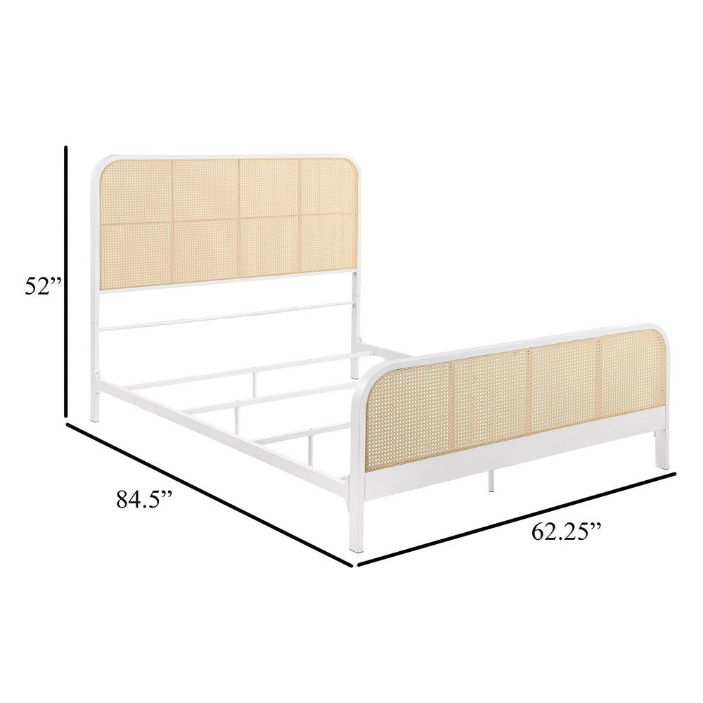 Lanie Queen Bed with Brown Open Cane Webbing Faux Rattan White Metal