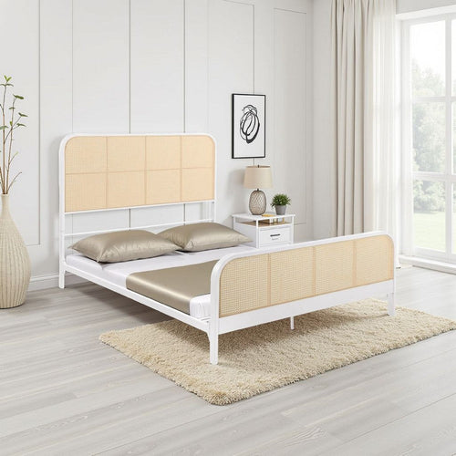 Lanie Queen Bed with Brown Open Cane Webbing Faux Rattan, White Metal