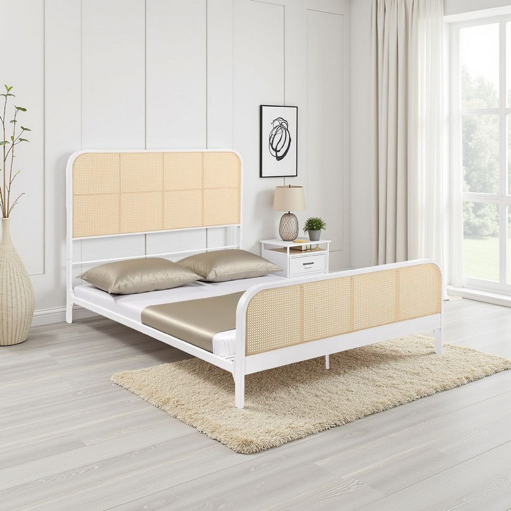 Lanie Queen Bed with Brown Open Cane Webbing Faux Rattan, White Metal