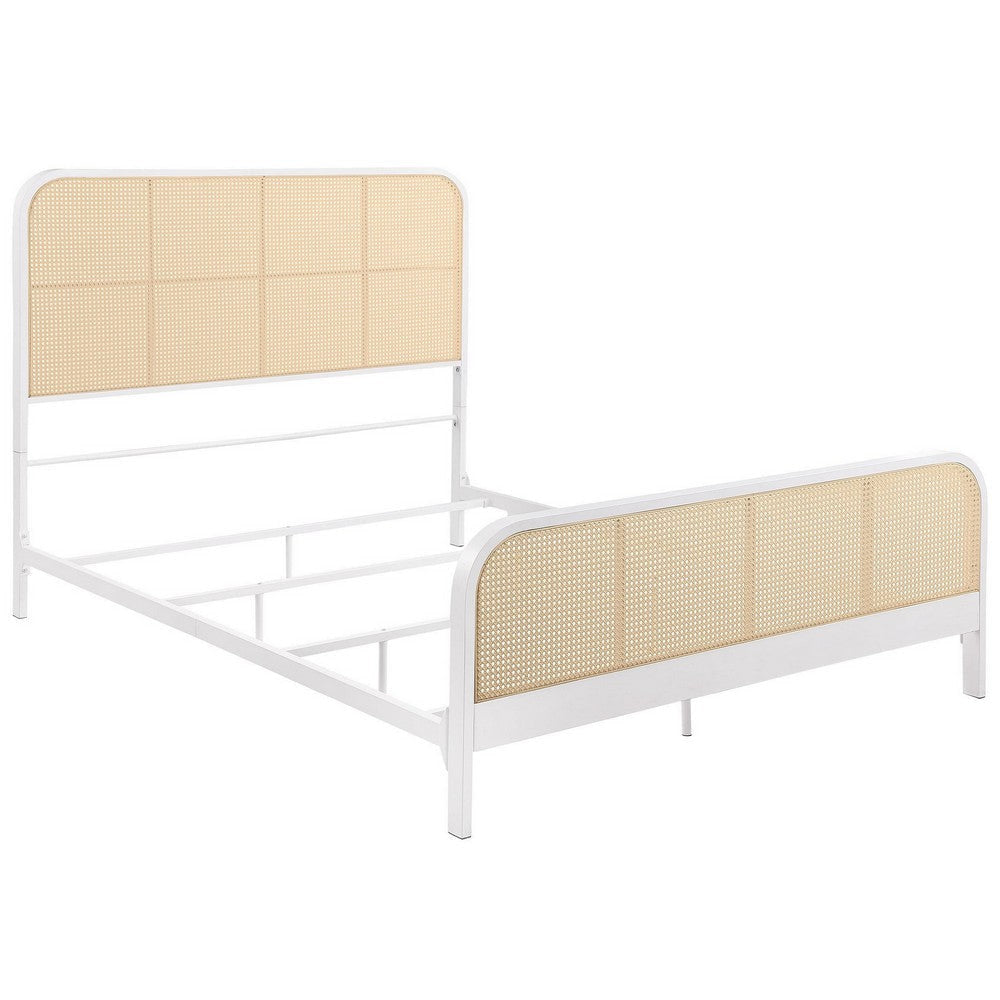 Lanie Queen Bed with Brown Open Cane Webbing Faux Rattan White Metal