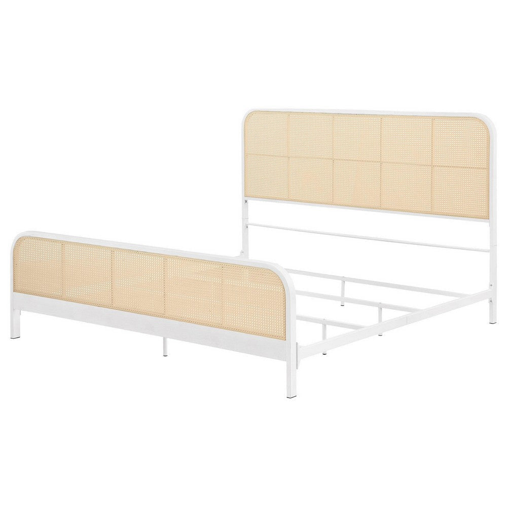 Lanie King Bed with Brown Open Cane Webbing Faux Rattan White Metal