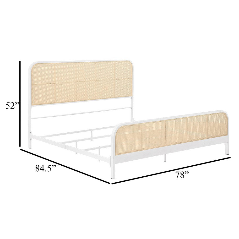 Lanie King Bed with Brown Open Cane Webbing Faux Rattan White Metal