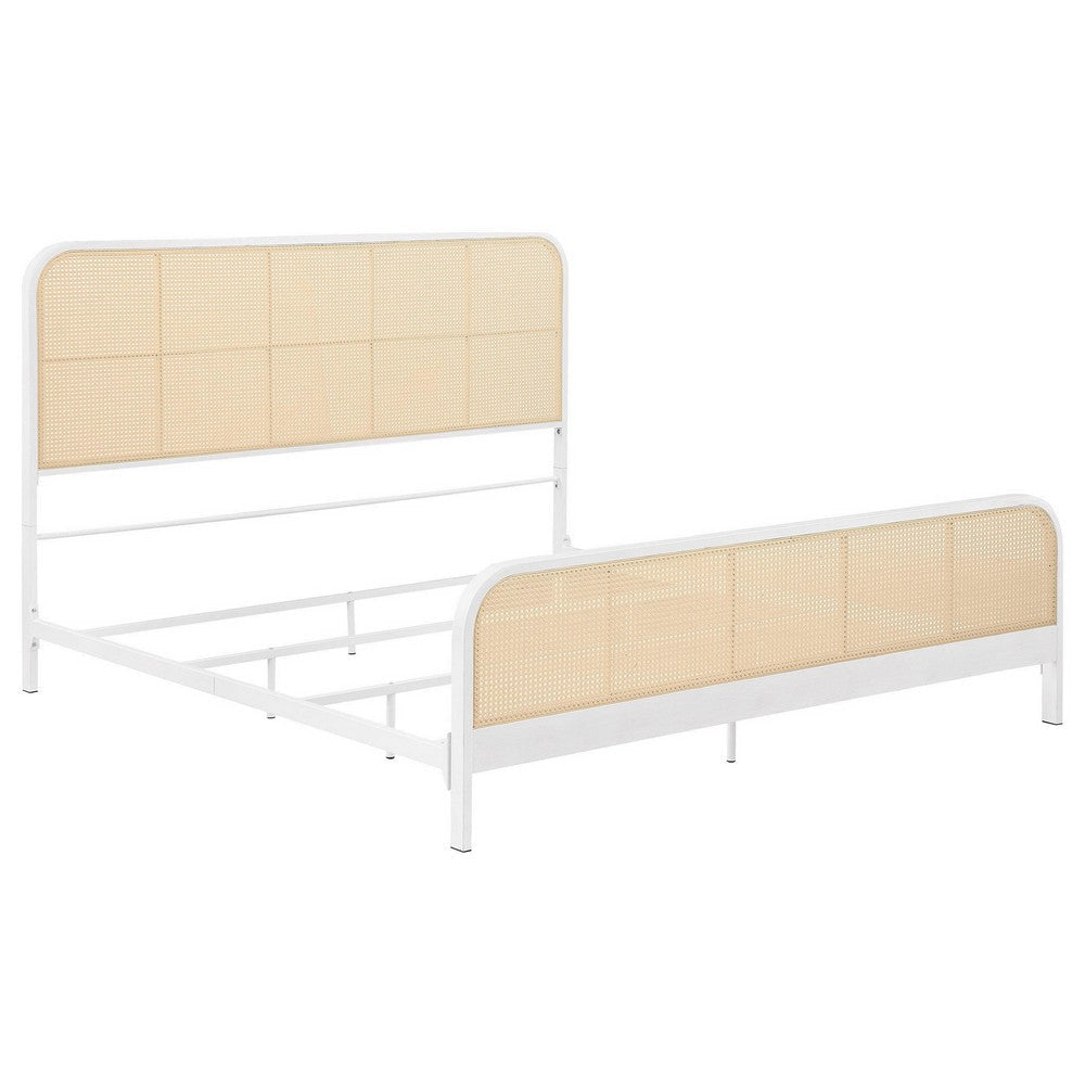 Lanie King Bed with Brown Open Cane Webbing Faux Rattan, White Metal