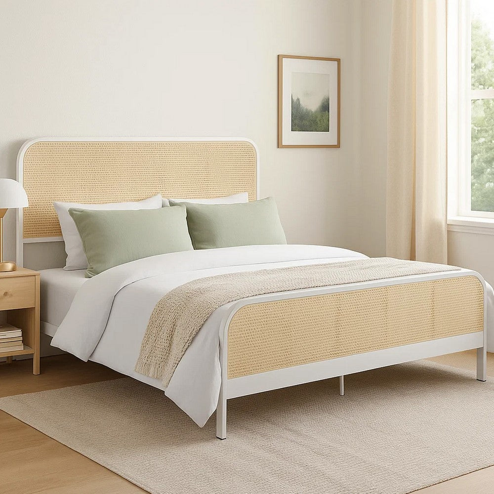 Lanie King Bed with Brown Open Cane Webbing Faux Rattan, White Metal