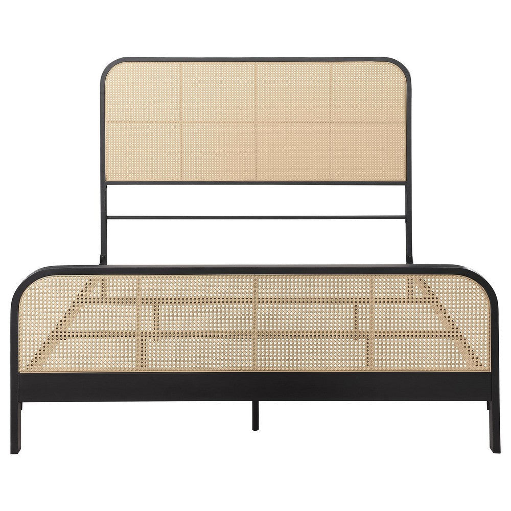 Lanie Queen Bed with Brown Open Cane Webbing Faux Rattan Black Metal