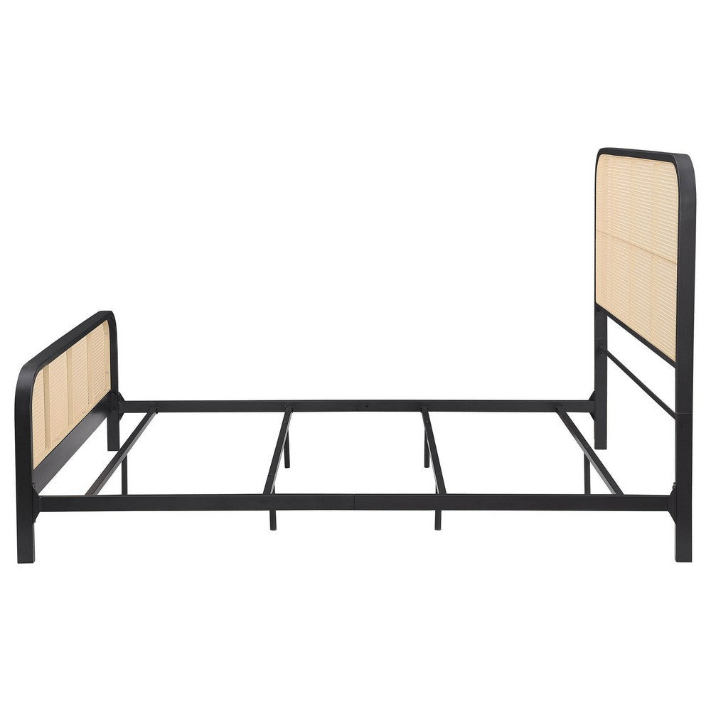 Lanie Queen Bed with Brown Open Cane Webbing Faux Rattan Black Metal