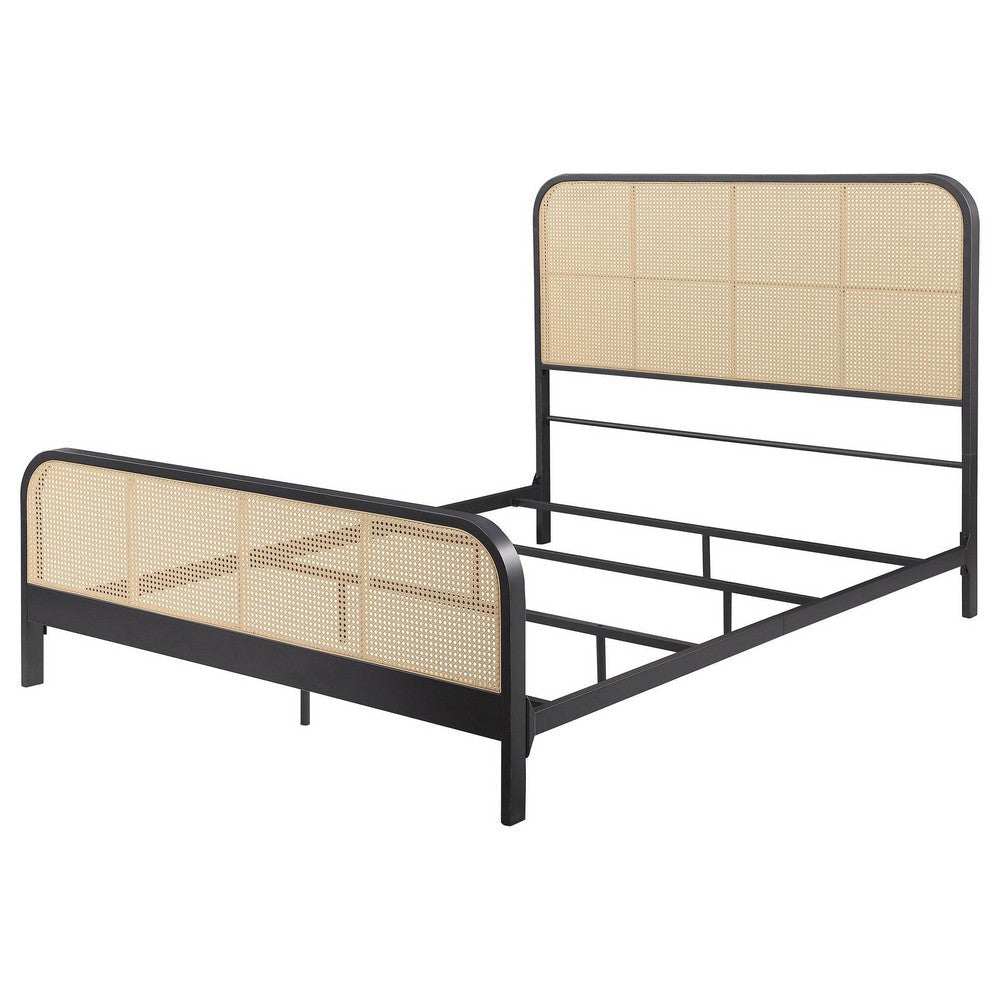 Lanie King Bed with Brown Open Cane Webbing Faux Rattan Black Metal