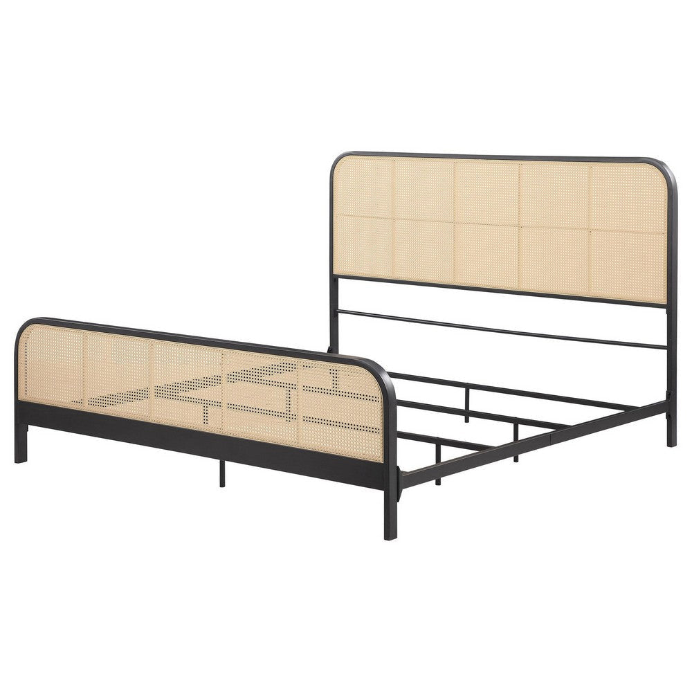 Lanie King Bed with Brown Open Cane Webbing Faux Rattan Black Metal