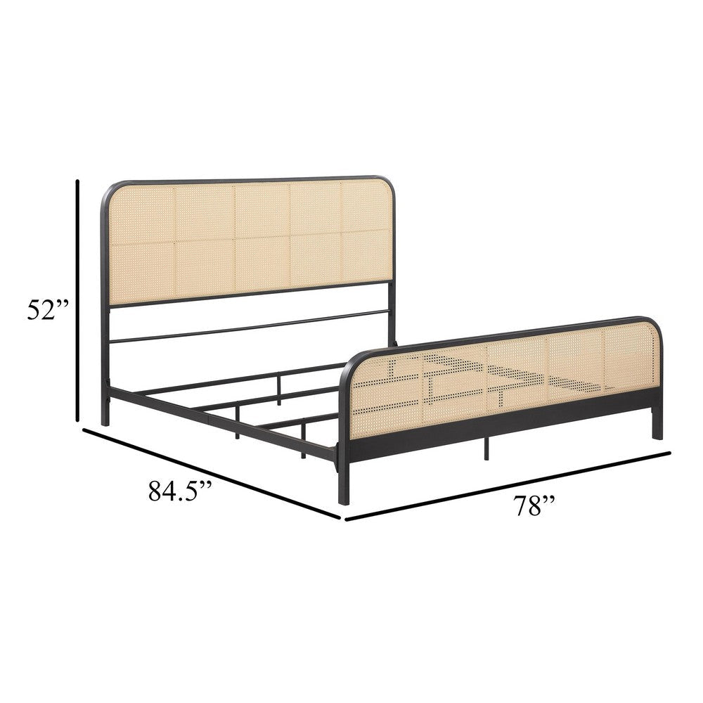 Lanie King Bed with Brown Open Cane Webbing Faux Rattan Black Metal