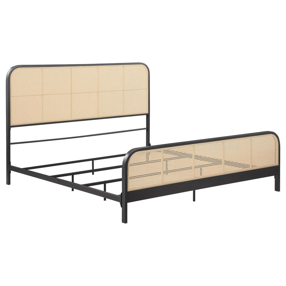 Lanie King Bed with Brown Open Cane Webbing Faux Rattan, Black Metal