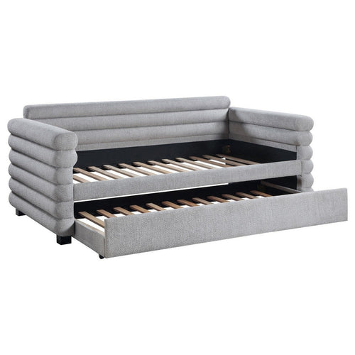 Ricia Twin Daybed with Twin Trundle, Layer Bolster Design, Gray Boucle