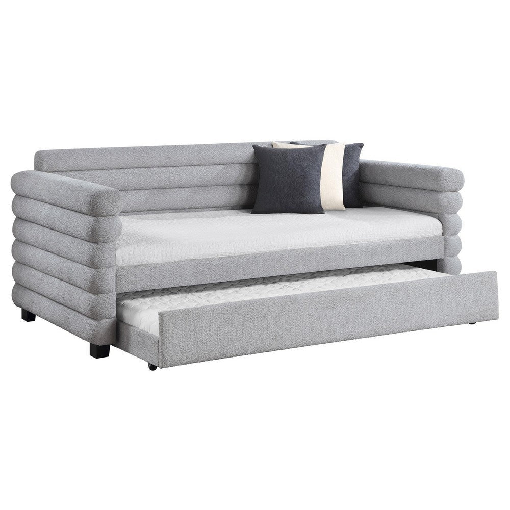 Ricia Twin Daybed with Twin Trundle Layer Bolster Design Gray Boucle