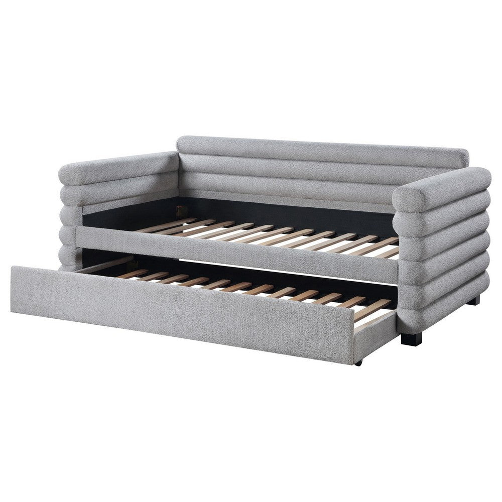 Ricia Twin Daybed with Twin Trundle Layer Bolster Design Gray Boucle