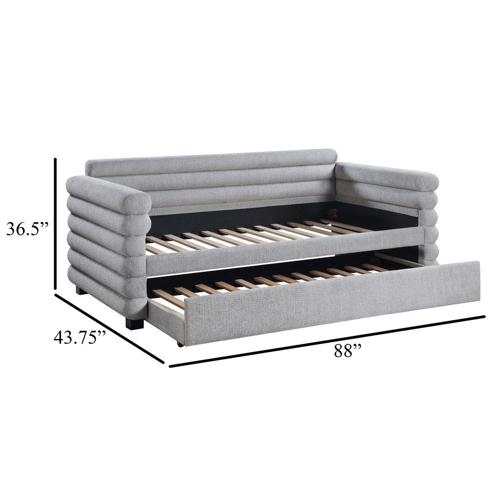 Ricia Twin Daybed with Twin Trundle Layer Bolster Design Gray Boucle
