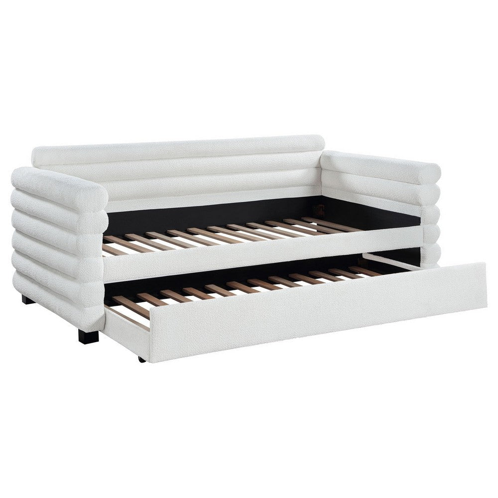 Ricia Twin Daybed with Trundle, Layered Bolster Design, White Boucle