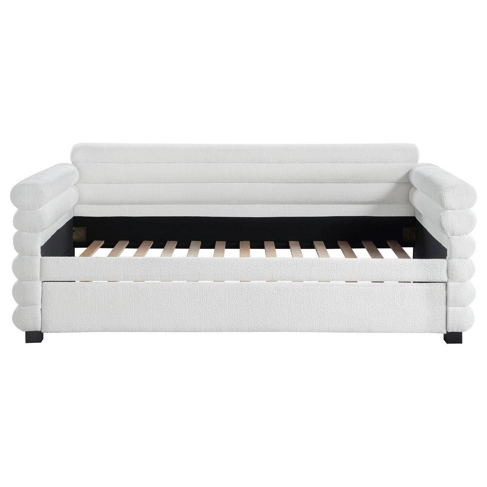 Ricia Twin Daybed with Trundle Layered Bolster Design White Boucle