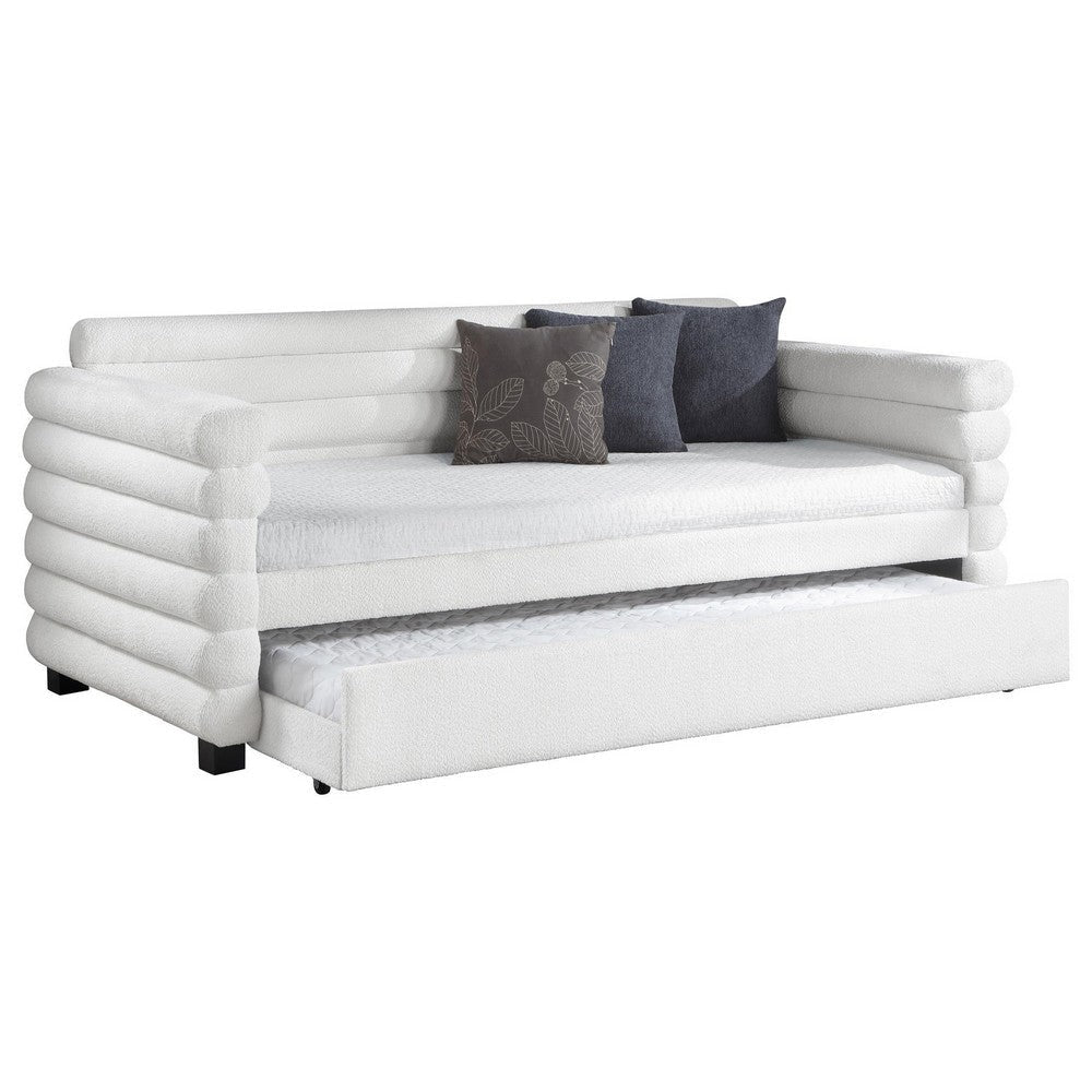 Ricia Twin Daybed with Trundle Layered Bolster Design White Boucle