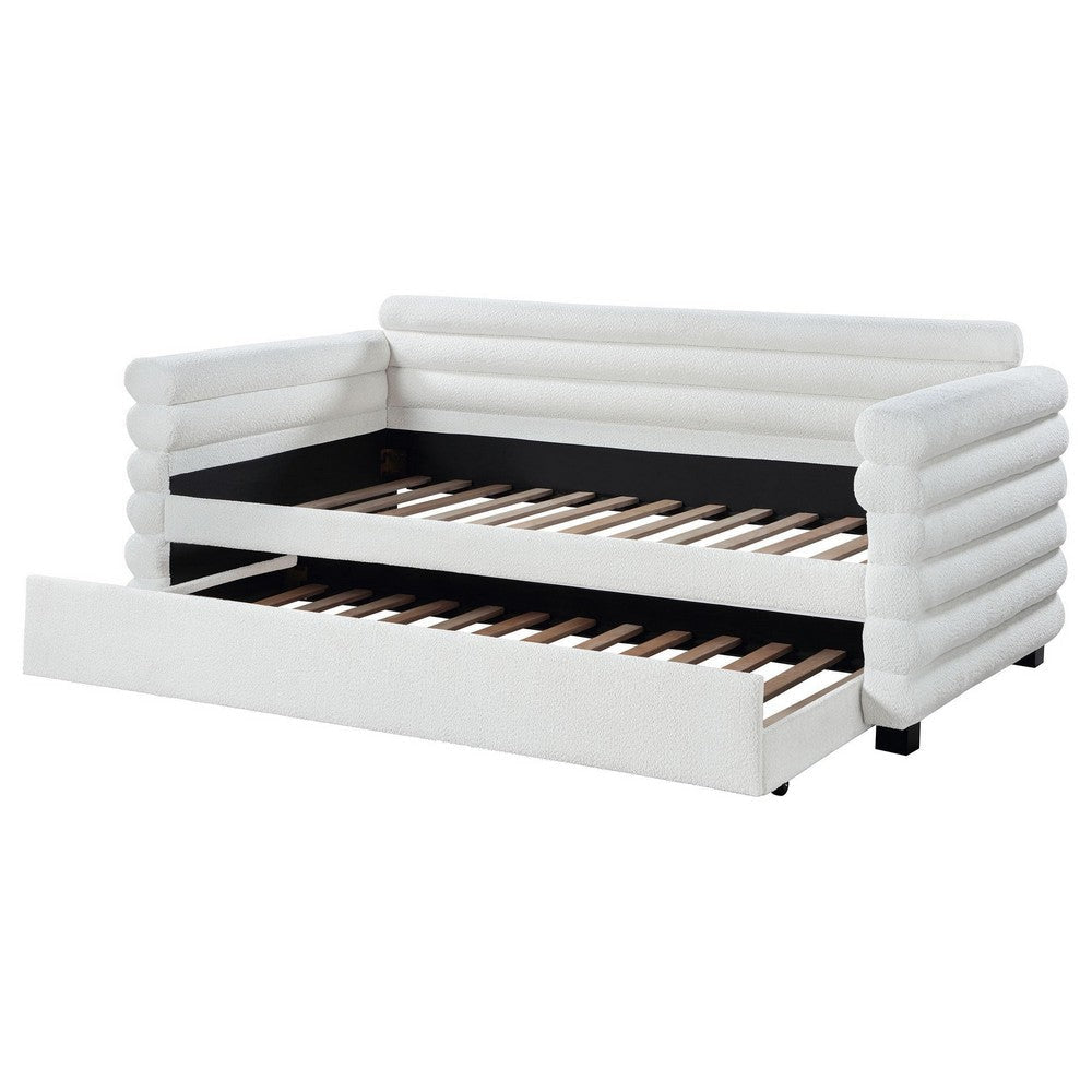 Ricia Twin Daybed with Trundle Layered Bolster Design White Boucle