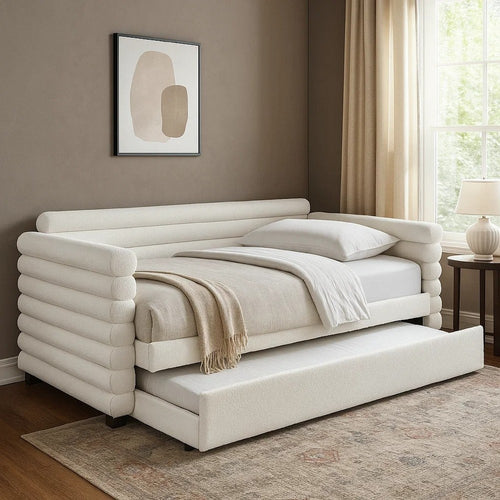 Ricia Twin Daybed with Trundle, Layered Bolster Design, White Boucle