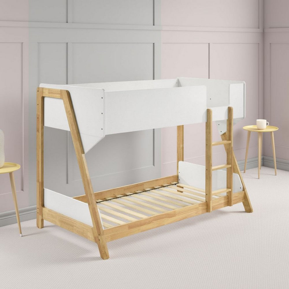 Wren Low-Profile Twin Bunk Bed with Guardrails, White-Natural Wood