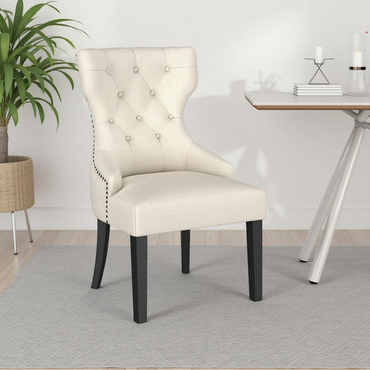 Aney Dining Side Chair, Curved Barrel Design, Beige Fabric, Black Wood