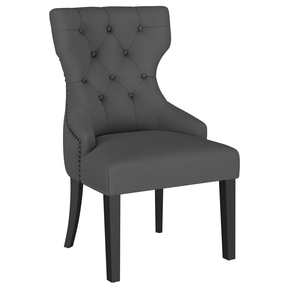 Aney Dining Side Chair, Curved Barrel Design, Gray Fabric, Black Wood