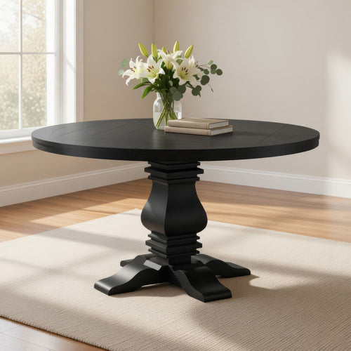 Som Dining Table with Pedestal Base, Antique Style Black 60 Inch Round